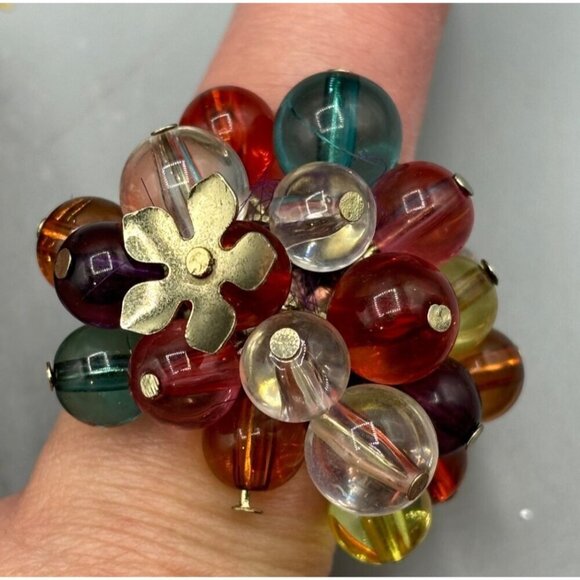 Vtg Ring Bubble Colorful Beads Floral Cluster One Size Stretch Band - Picture 1 of 5
